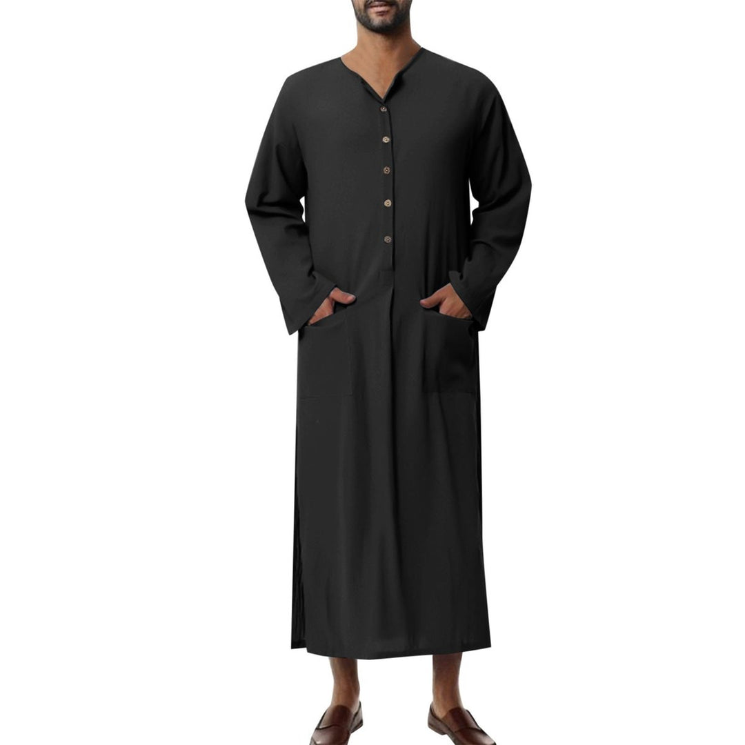 Heren Maxi Linnen Tunic Kaftan Wijde Snit Knoopsluiting Zijzakken - Schwarz