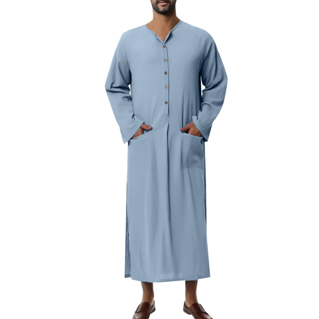 Heren Maxi Linnen Tunic Kaftan Wijde Snit Knoopsluiting Zijzakken - Hellblau
