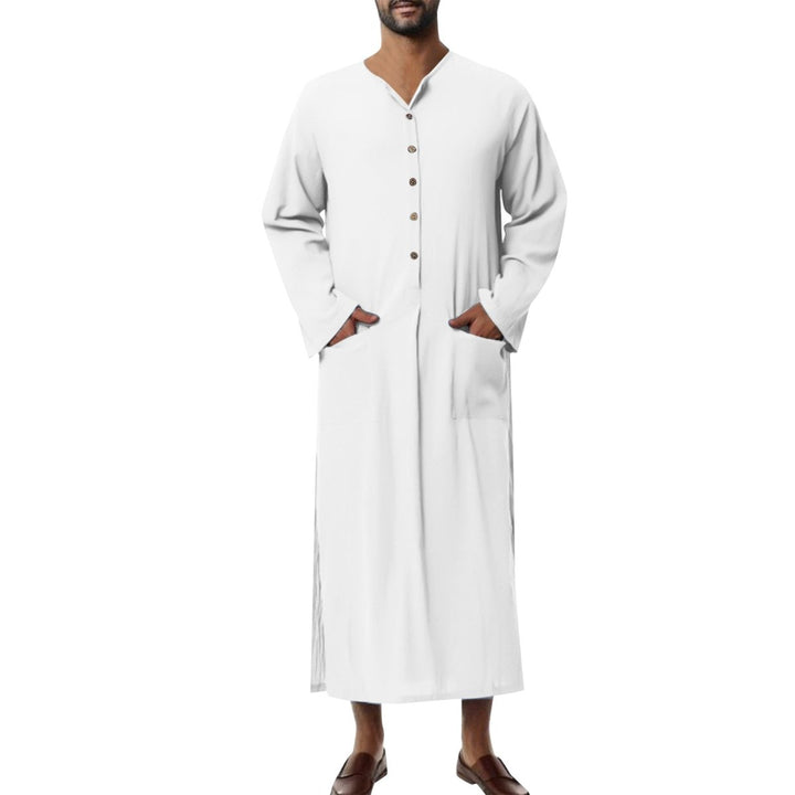 Heren Maxi Linnen Tunic Kaftan Wijde Snit Knoopsluiting Zijzakken - Weiß