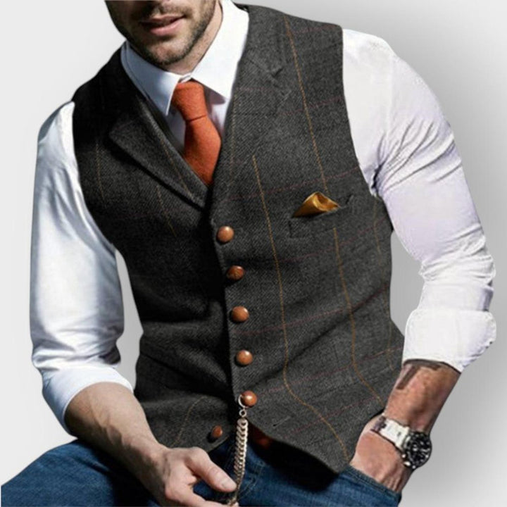 Heren Mens Gilet Geruite Tweed Stijlvol Knoopvest - Donkergrijs