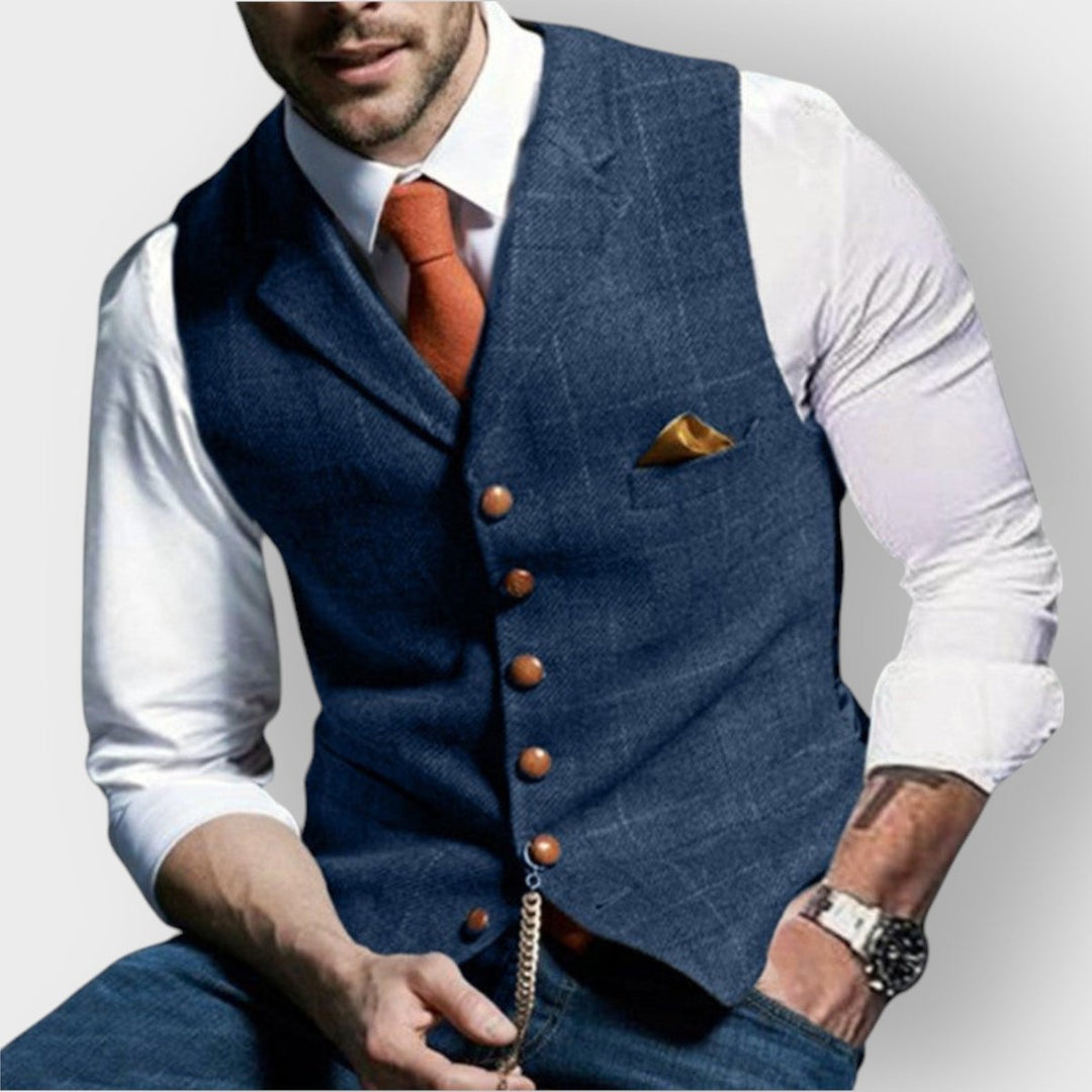 Heren Mens Gilet Geruite Tweed Stijlvol Knoopvest - Blauw