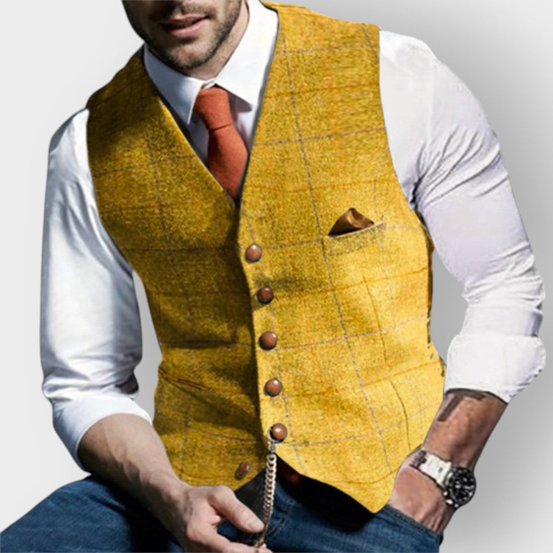 Heren Mens Gilet Geruite Tweed Stijlvol Knoopvest - Geel