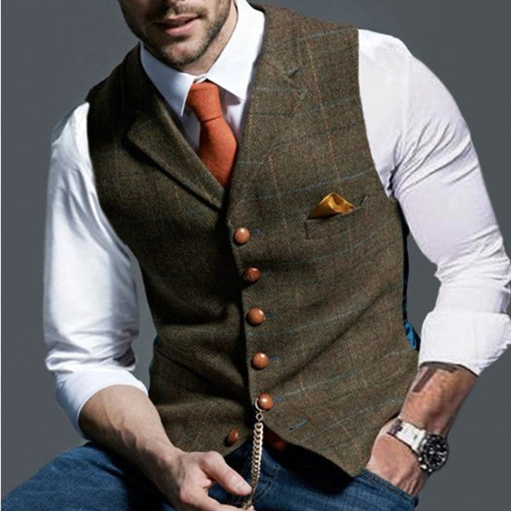 Heren Mens Gilet Geruite Tweed Stijlvol Knoopvest - Bruin