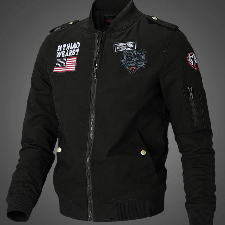Heren Militaire Bomberjacket met Patches Opstaande Kraag - Zwart