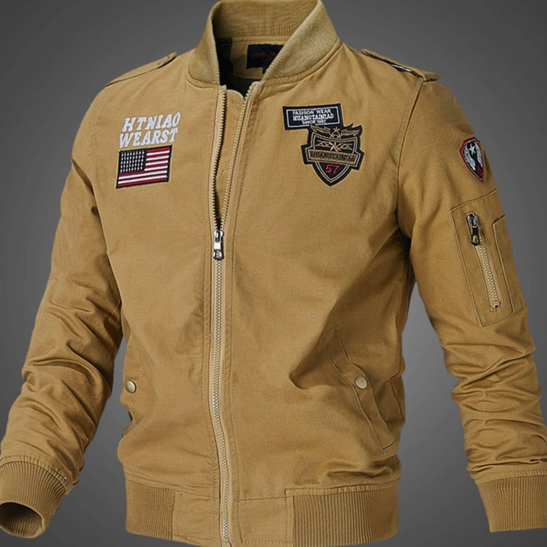 Heren Militaire Bomberjacket met Patches Opstaande Kraag - Donker Khaki