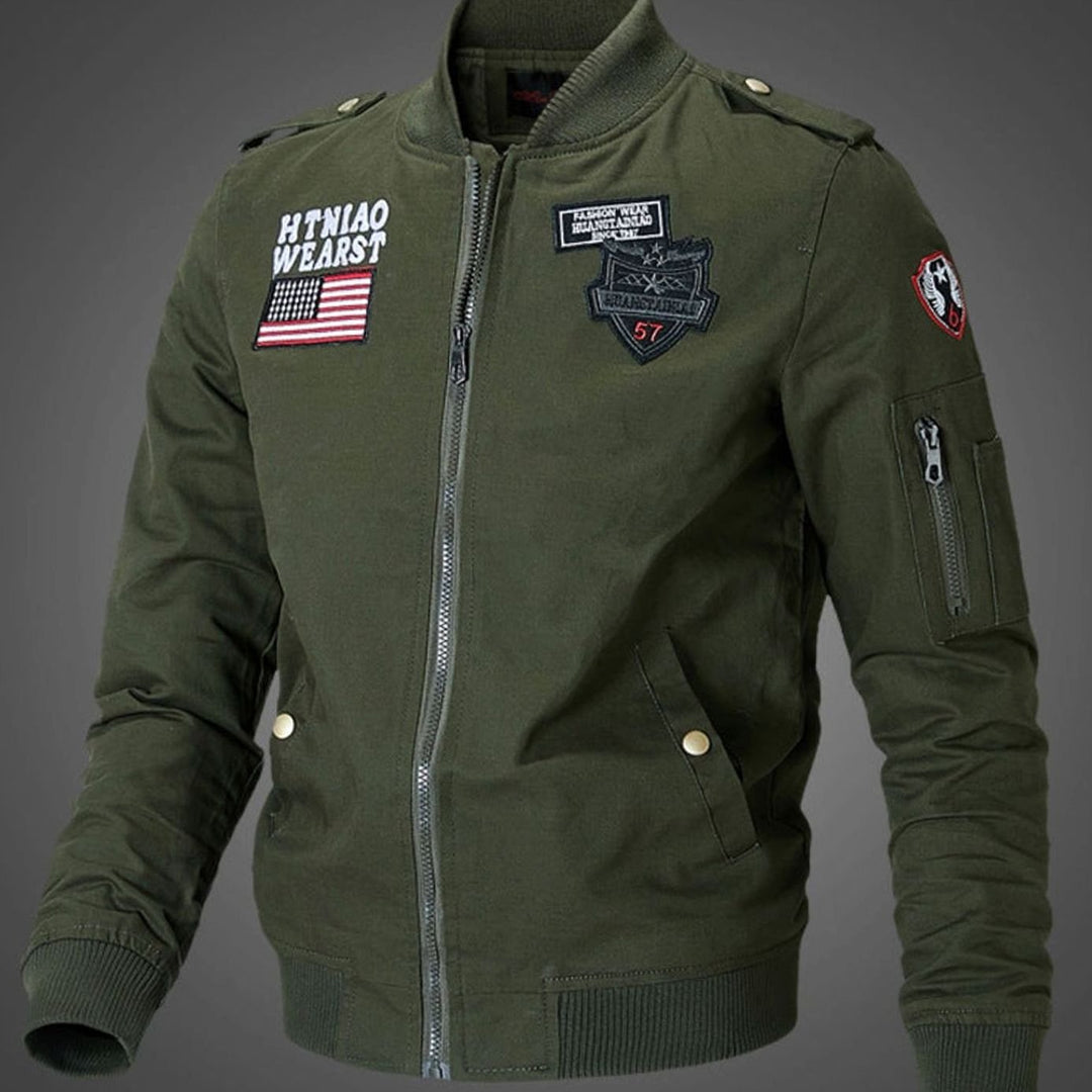 Heren Militaire Bomberjacket met Patches Opstaande Kraag - Donkergroen