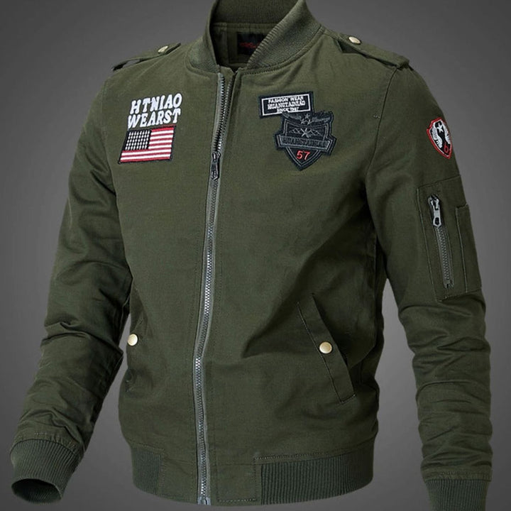 Heren Militaire Bomberjacket met Patches Opstaande Kraag - Donkergroen