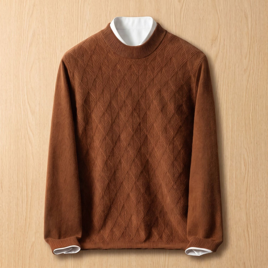 Heren Mock Neck Pullover Trui met Ruitstructuur - Bruin