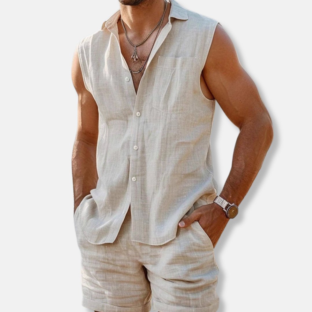 Heren Mouwloos Linnen-Look Overhemd Shorts Set Zomer - Off Whte