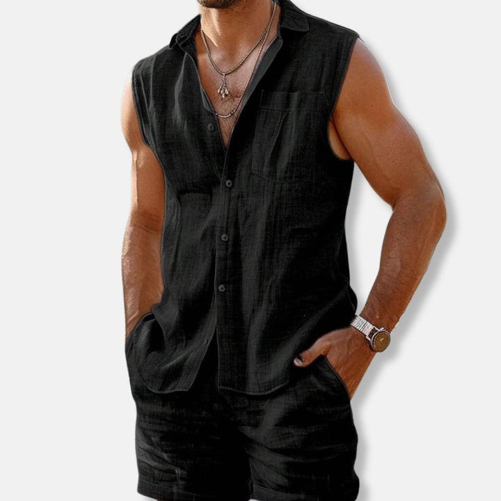 Heren Mouwloos Linnen-Look Overhemd Shorts Set Zomer - Black
