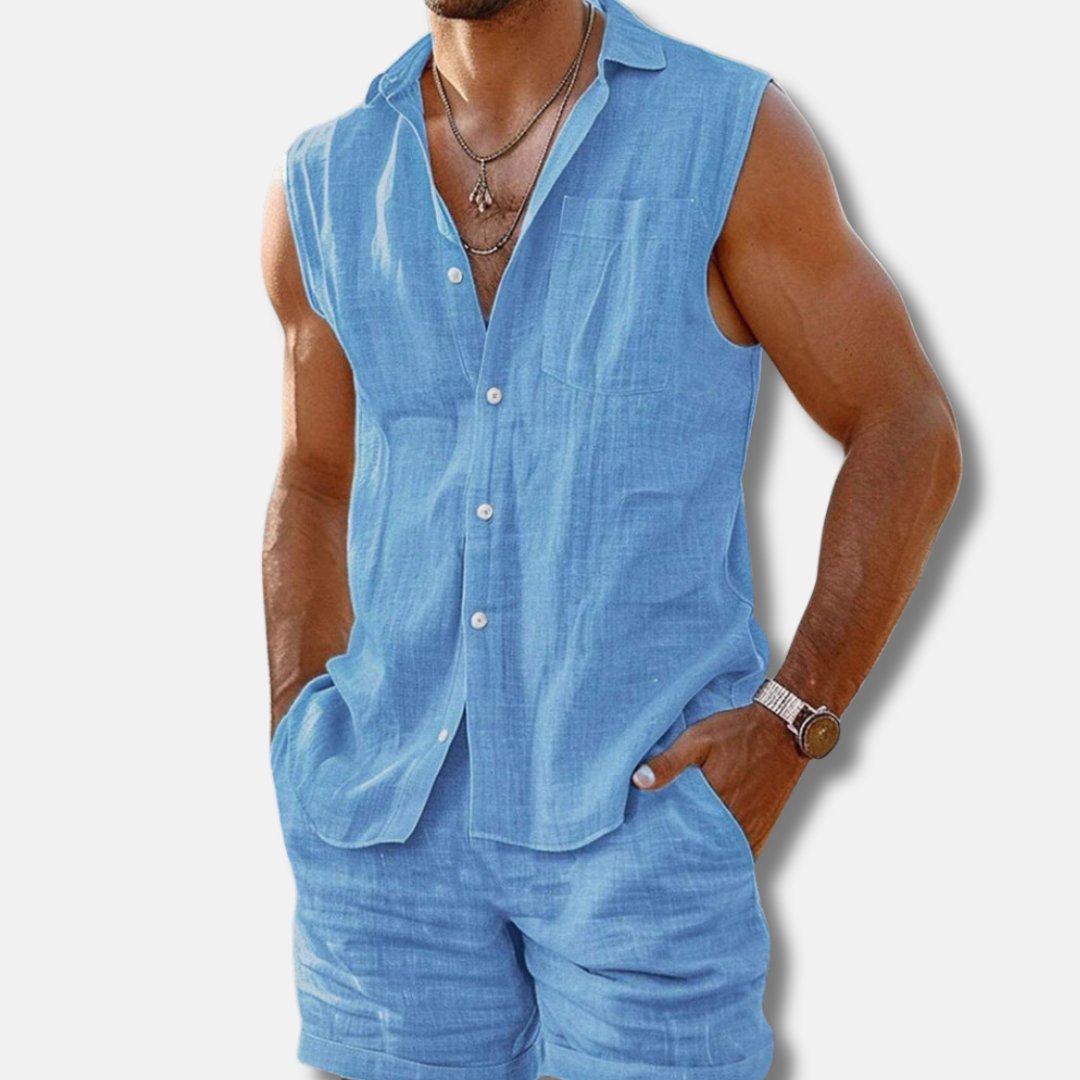 Heren Mouwloos Linnen-Look Overhemd Shorts Set Zomer - Sky Blue
