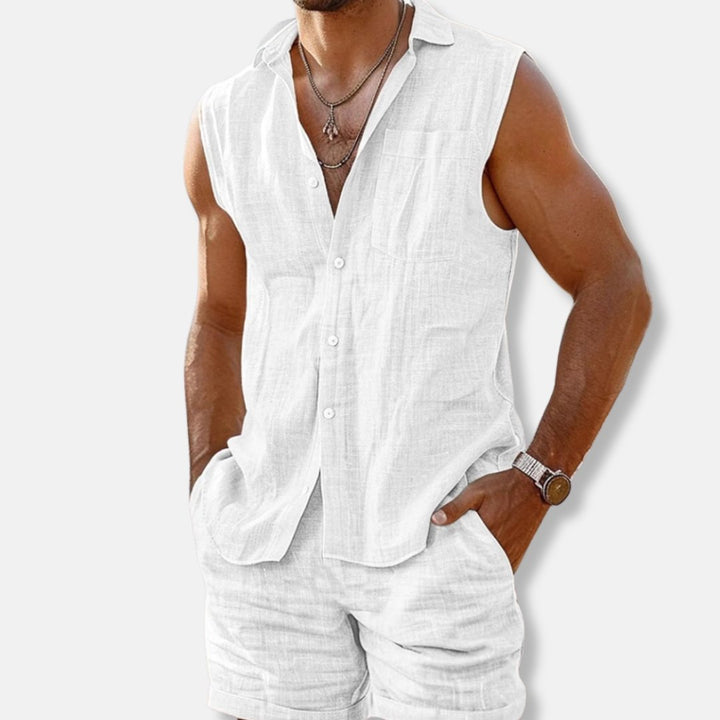 Heren Mouwloos Linnen-Look Overhemd Shorts Set Zomer - White