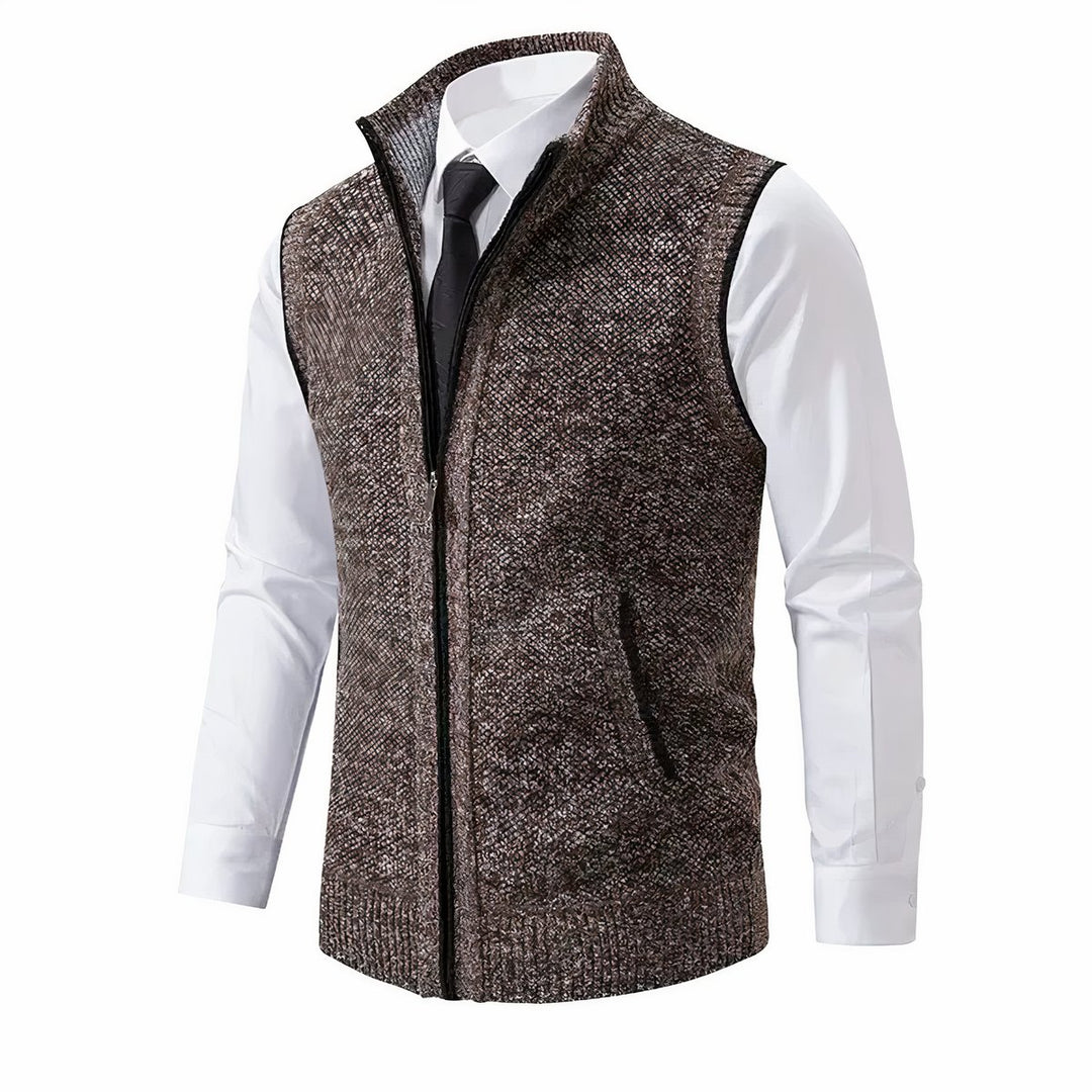Heren Mouwloze Gebreide Mens Cardigan Vest Rits Staande Kraag - Bruin