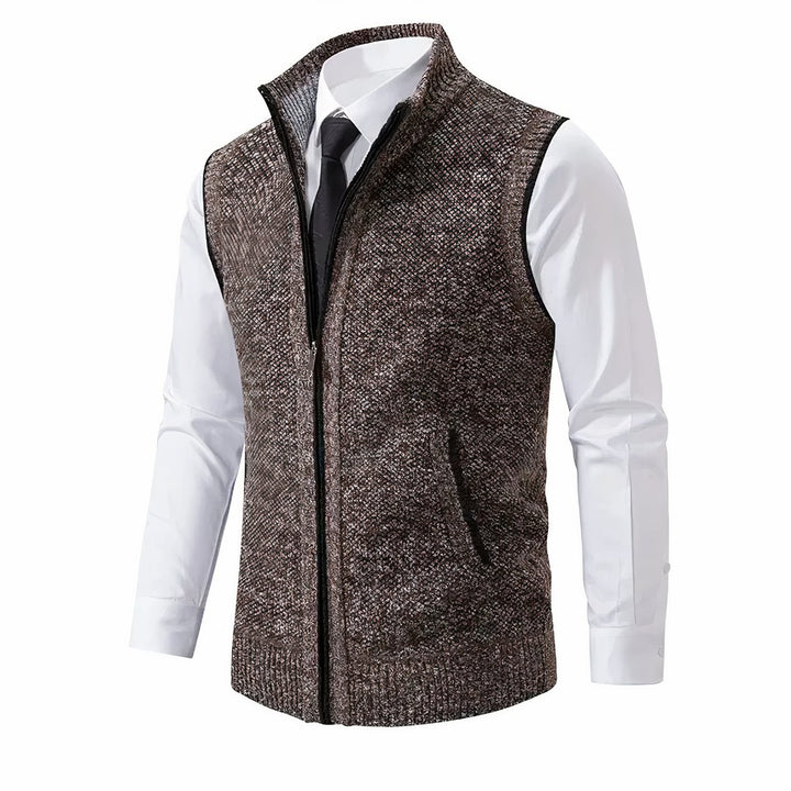 Heren Mouwloze Gebreide Mens Cardigan Vest Rits Staande Kraag - Bruin