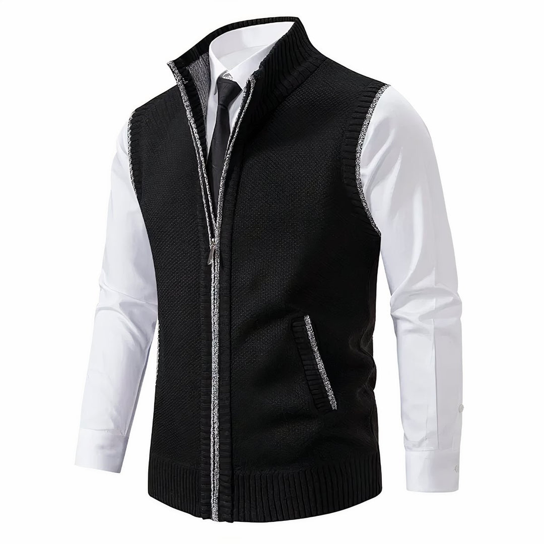 Heren Mouwloze Gebreide Mens Cardigan Vest Rits Staande Kraag - Zwart