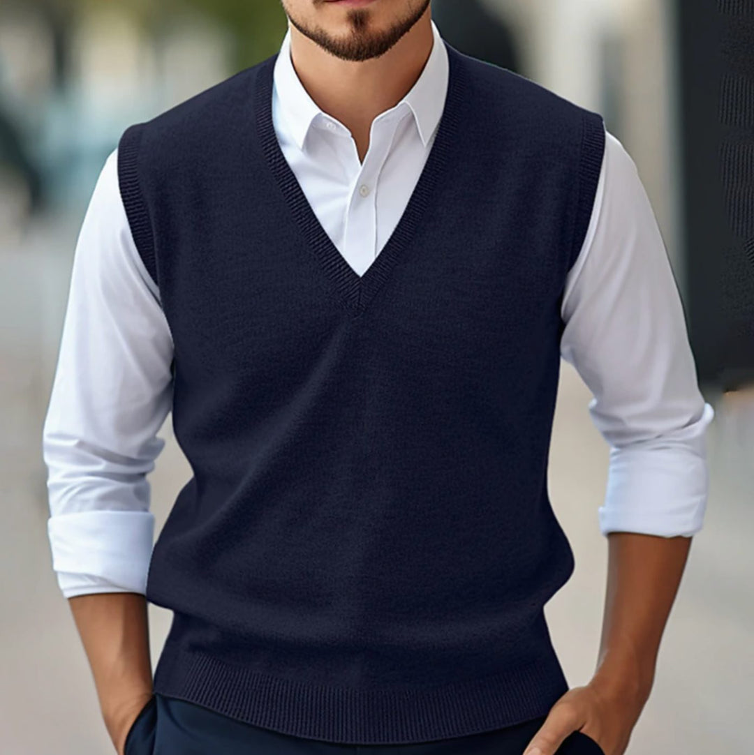 Heren Mouwloze V-hals Pullunder Regular Fit Gebreide Trui - Donkerblauw