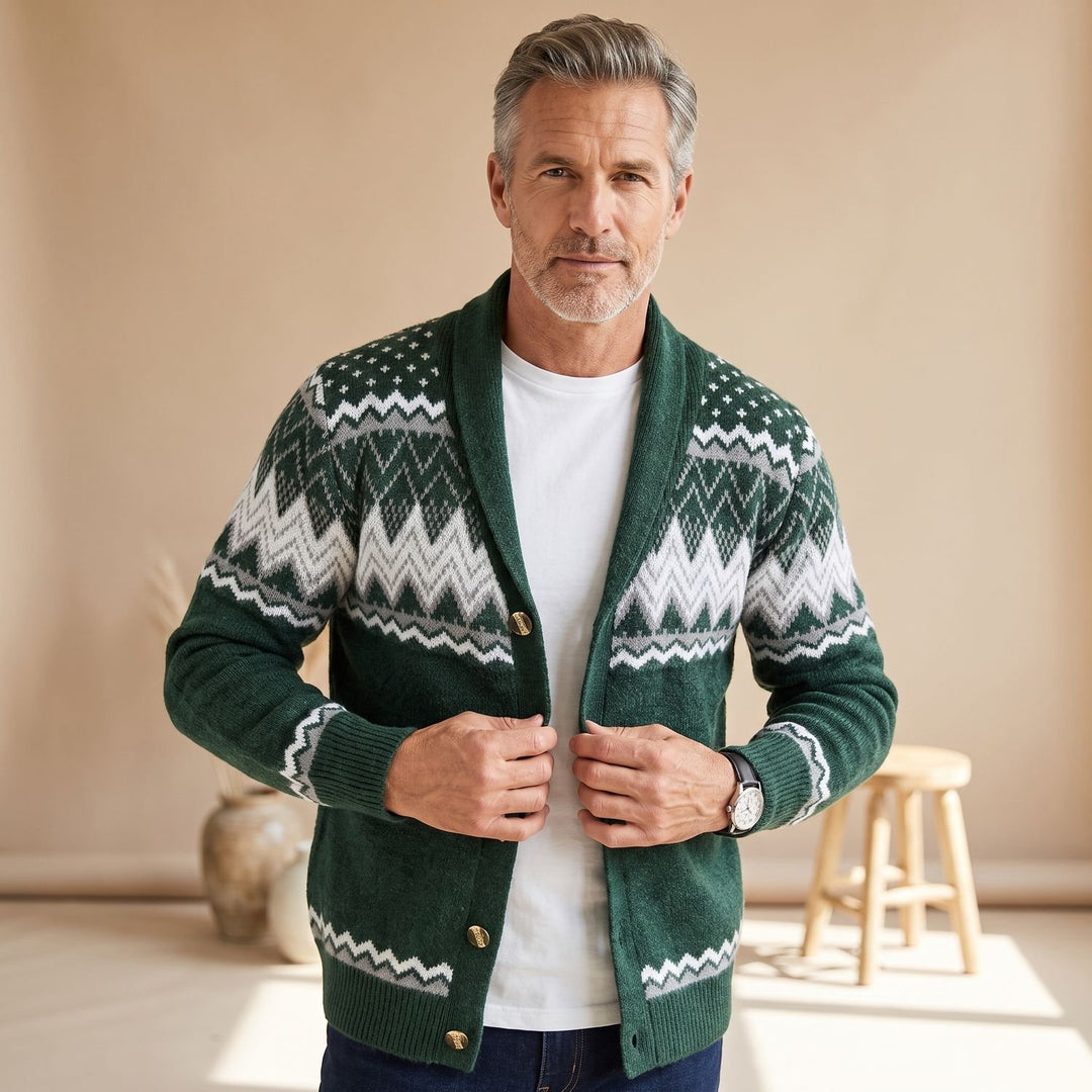 Heren Open Vest Gebreide Cardigan met Jacquard Patroon - Groen
