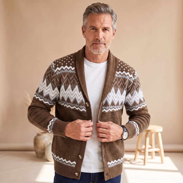Heren Open Vest Gebreide Cardigan met Jacquard Patroon - Bruin