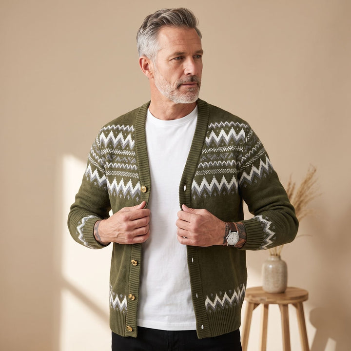 Heren Open Vest Gebreide Cardigan met Jacquard Patroon - Donkergroen