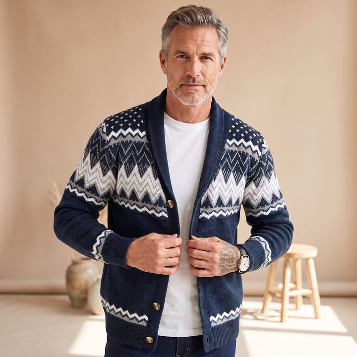Heren Open Vest Gebreide Cardigan met Jacquard Patroon - Blauw