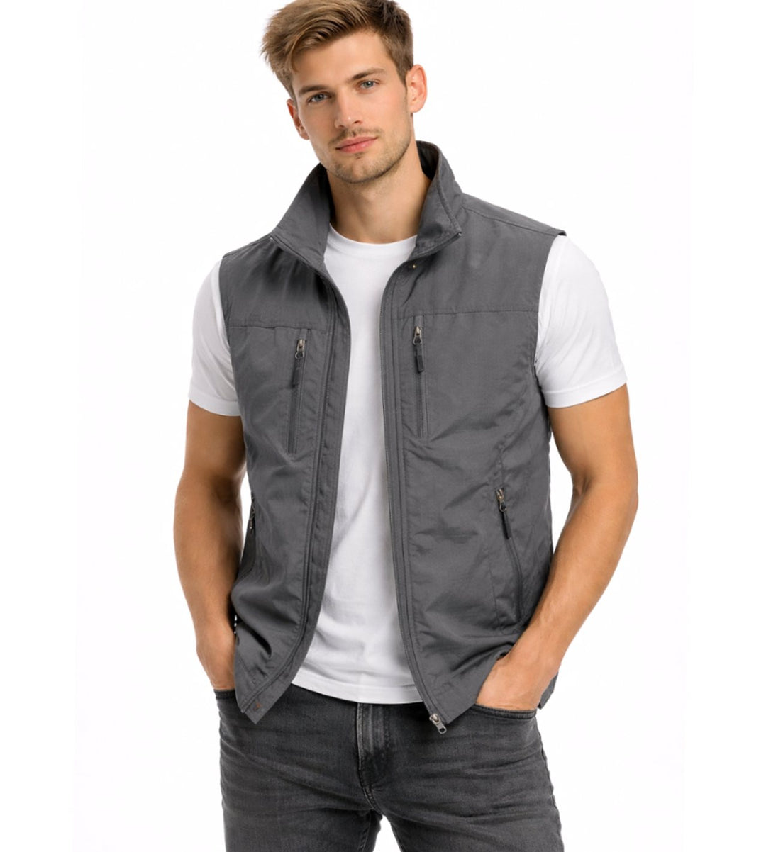 Heren Outdoor Bodywarmer Opstaande Kraag Ritszakken Mouwloos Vest - Grijs