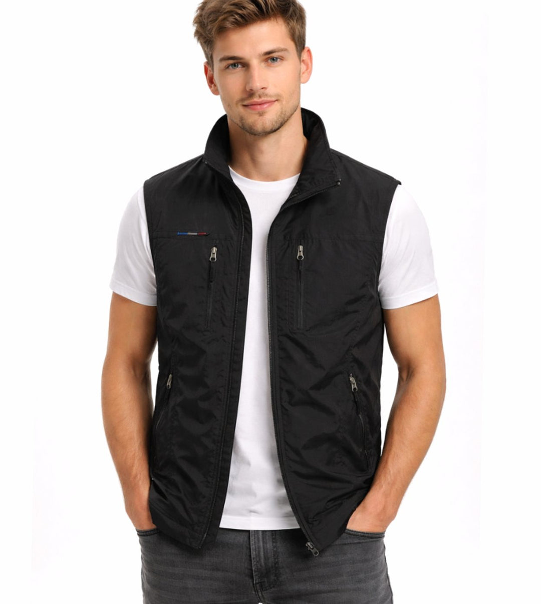 Heren Outdoor Bodywarmer Opstaande Kraag Ritszakken Mouwloos Vest - Zwart