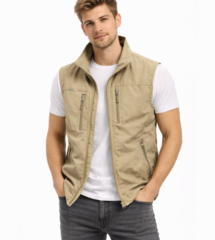 Heren Outdoor Bodywarmer Opstaande Kraag Ritszakken Mouwloos Vest - Khaki