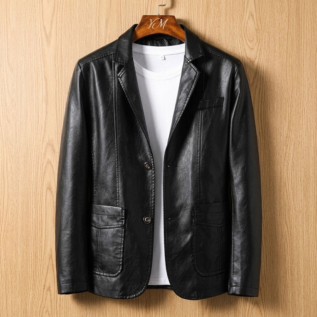 Heren Oversized Faux Leren Blazer Jas met Knoopsluiting - Zwart