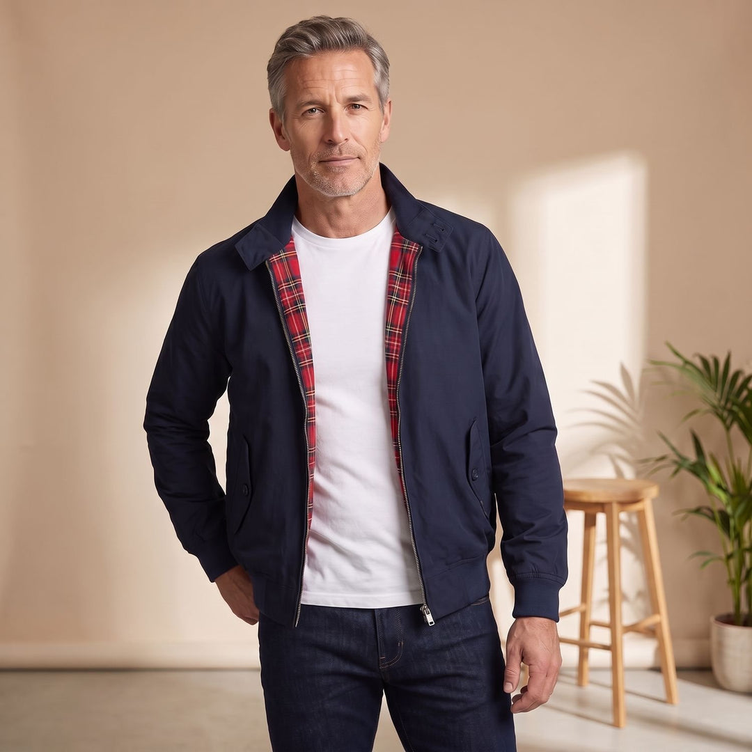 Heren Oversized Harrington Jack Geruite Voering Ritsslui­ting - Marineblauw
