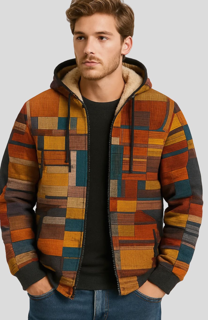 Heren Patchwork Hoodie Jacket met Fleece Voering - Oranje