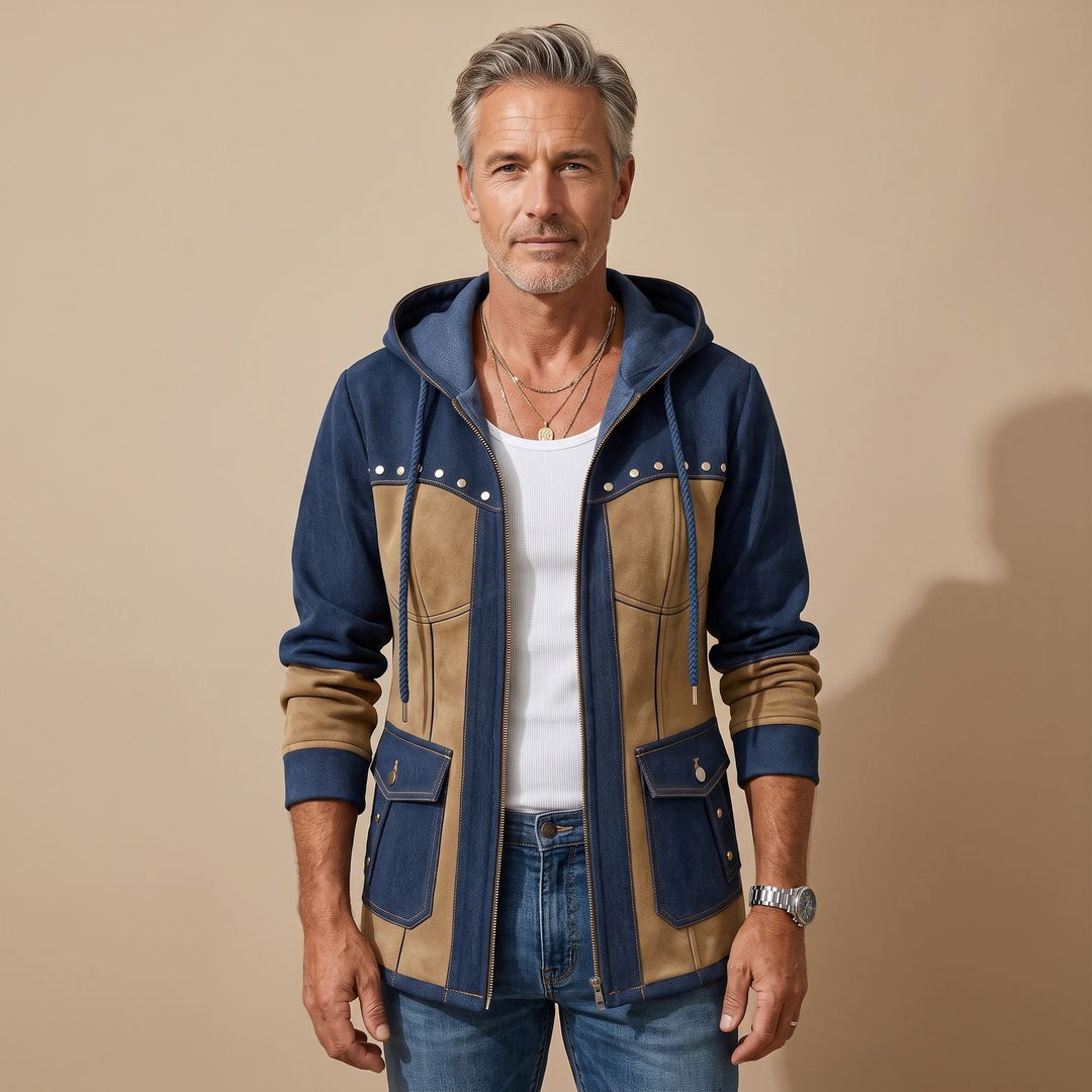 Heren Patchwork Hoodie Jas met Rits Studs en Klepzakken - Marine & Kameel