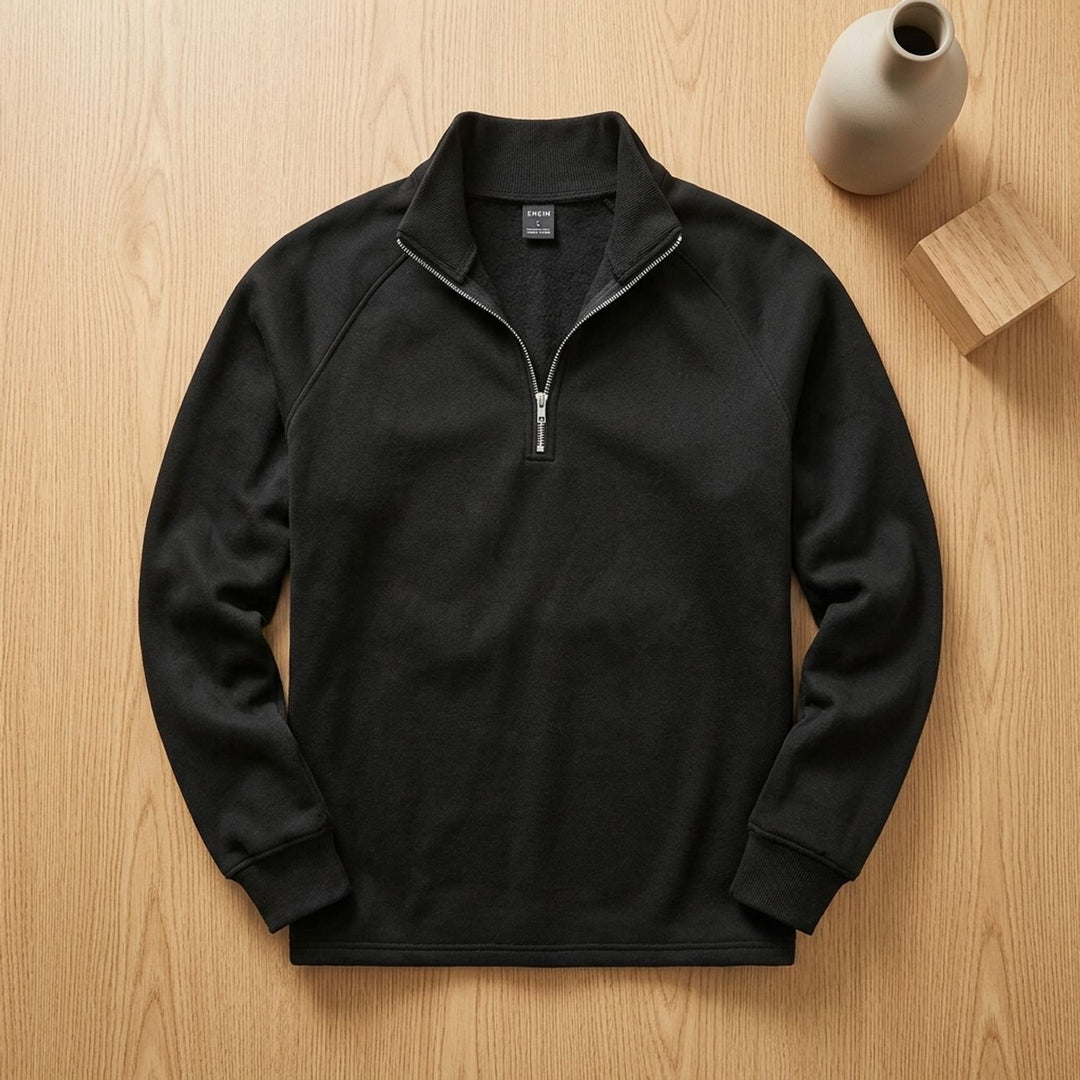 Heren Quarter-Zip Fleece Sweater met Staande Kraag - Zwart