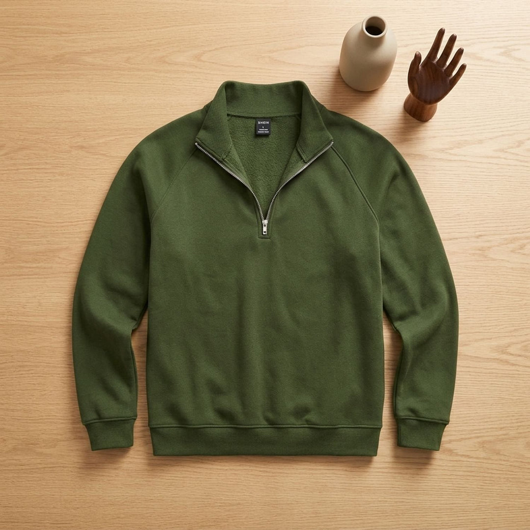 Heren Quarter-Zip Fleece Sweater met Staande Kraag - Geen