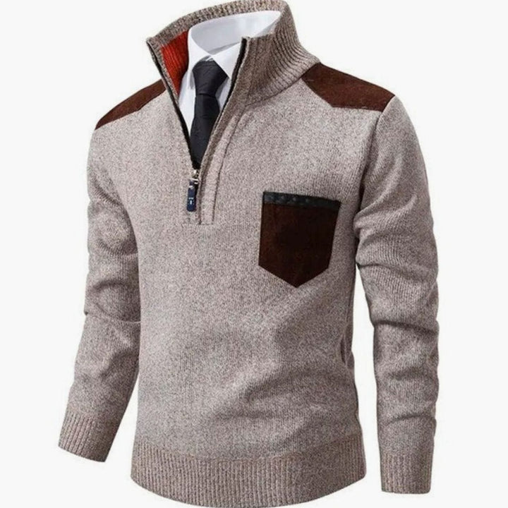 Heren Quarter-Zip Gebreide Trui met Staande Kraag en Borstzak, Beige - Beige