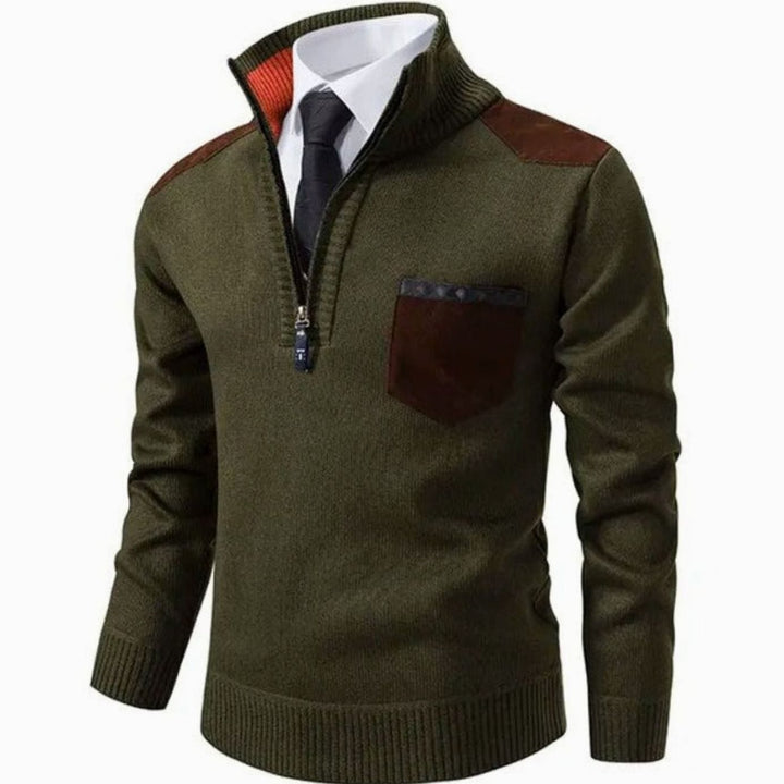 Heren Quarter-Zip Gebreide Trui met Staande Kraag en Borstzak, Beige - Donkergroen
