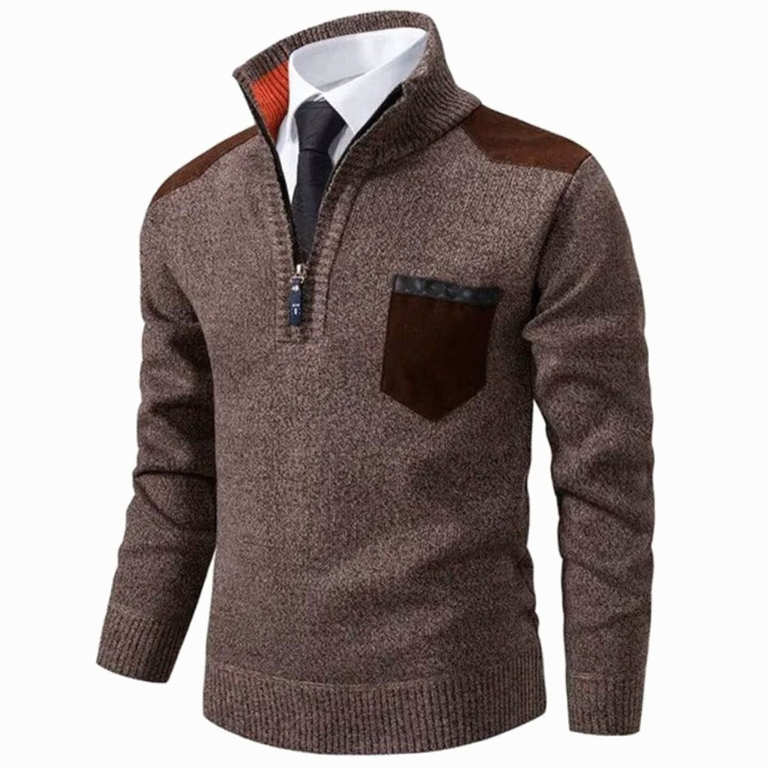 Heren Quarter-Zip Gebreide Trui met Staande Kraag en Borstzak, Beige - Bruin