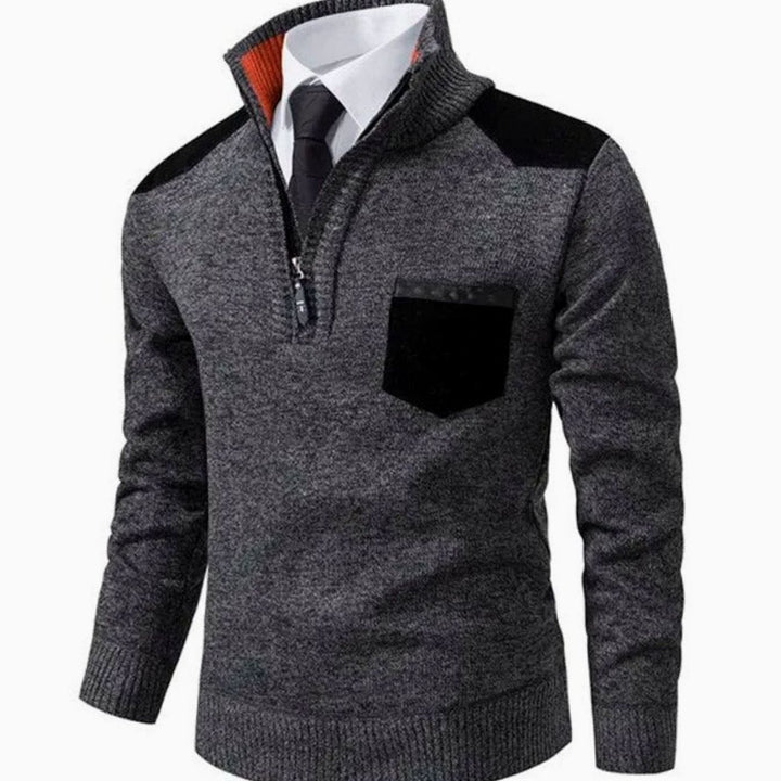 Heren Quarter-Zip Gebreide Trui met Staande Kraag en Borstzak, Beige - Donkergrijs