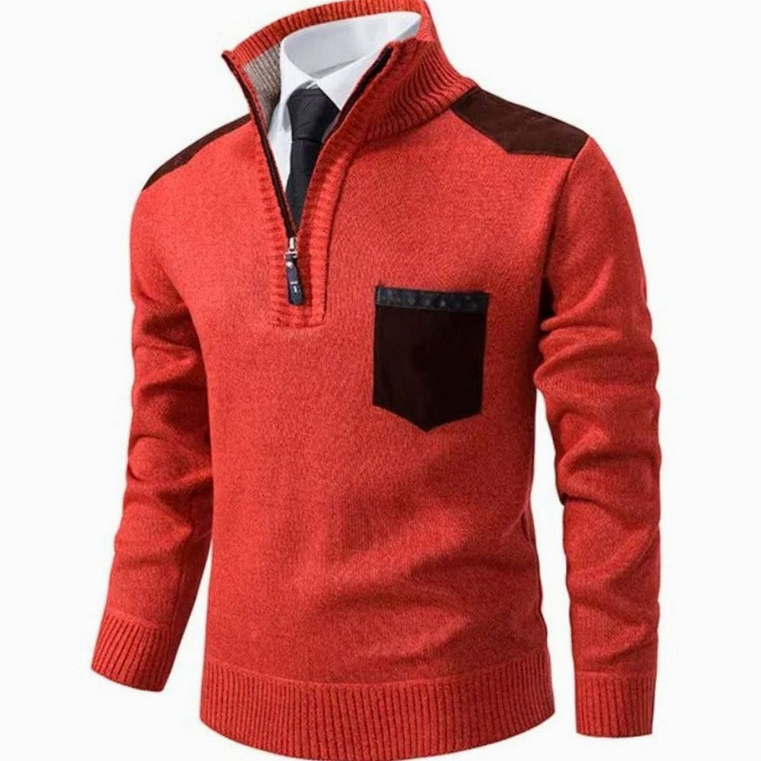 Heren Quarter-Zip Gebreide Trui met Staande Kraag en Borstzak, Beige - Oranje