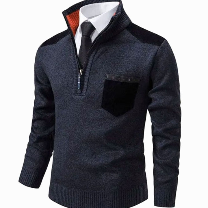Heren Quarter-Zip Gebreide Trui met Staande Kraag en Borstzak, Beige - Marineblauw