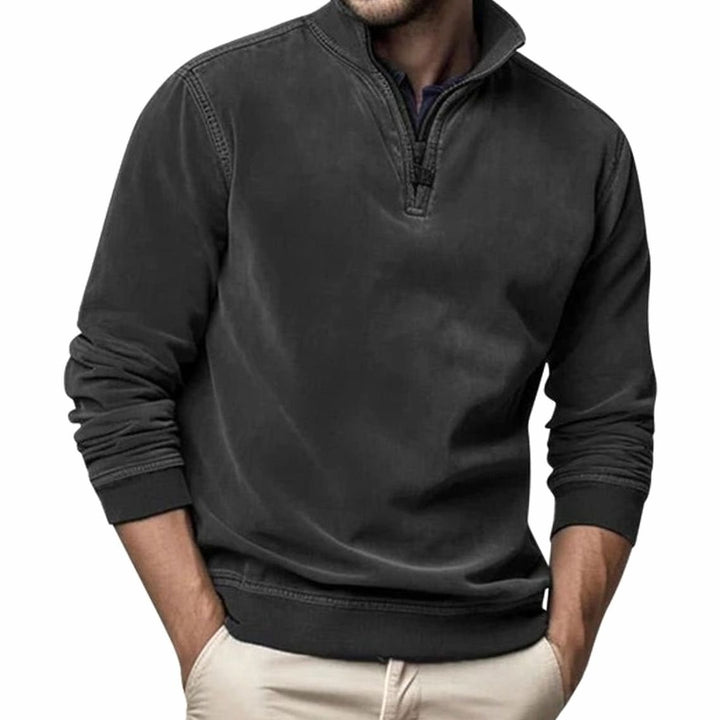 Heren Quarter-Zip Sweatshirt Casual Pullover met Staande Kraag, Black - Zwart