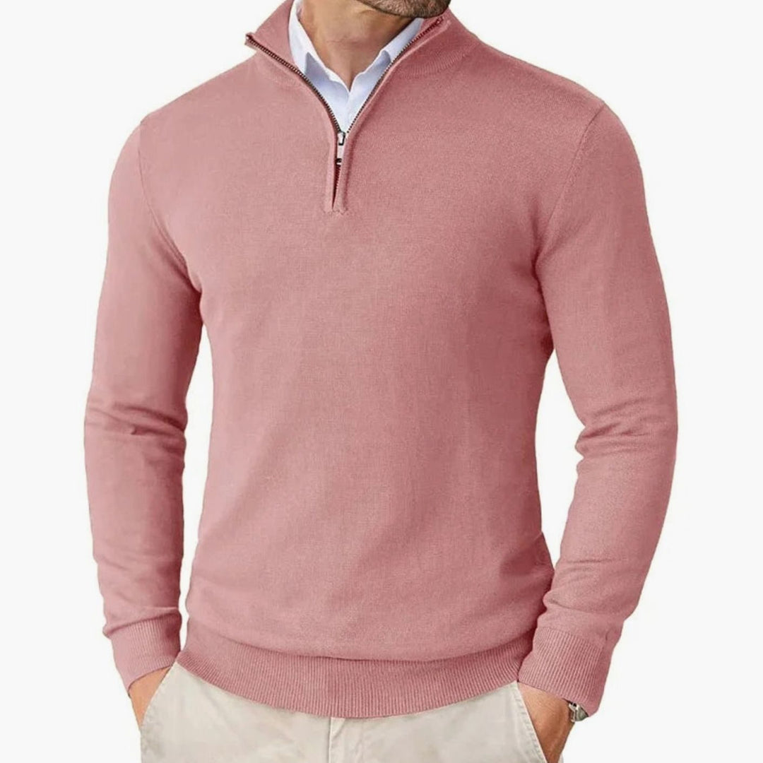 Heren Quarter-Zip Trui met Halve Ritssluiting, Black - Roze