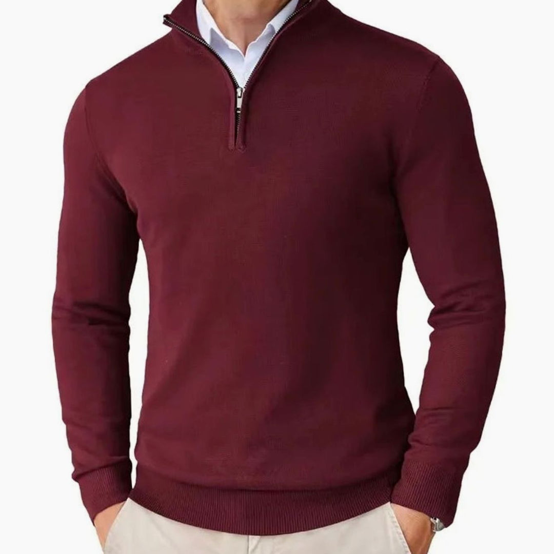 Heren Quarter-Zip Trui met Halve Ritssluiting, Black - Wijnrood