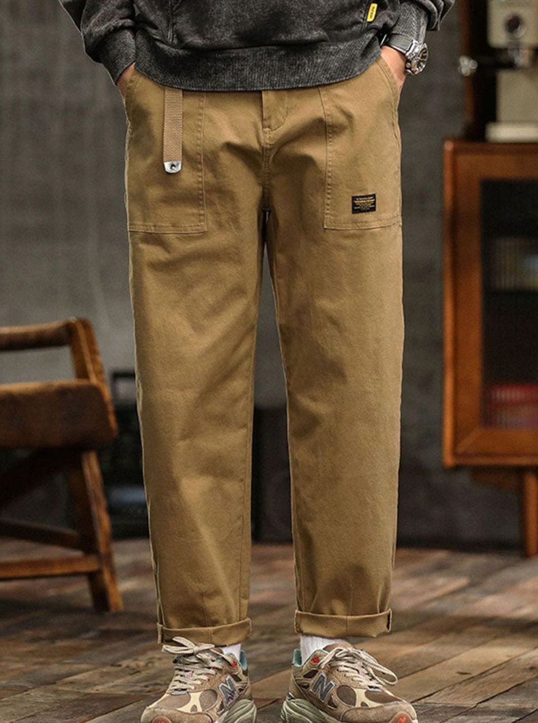 Heren Relaxed-Fit Cargo Pantalon met Utility Zakken en Rolbare Manchetten - Khaki