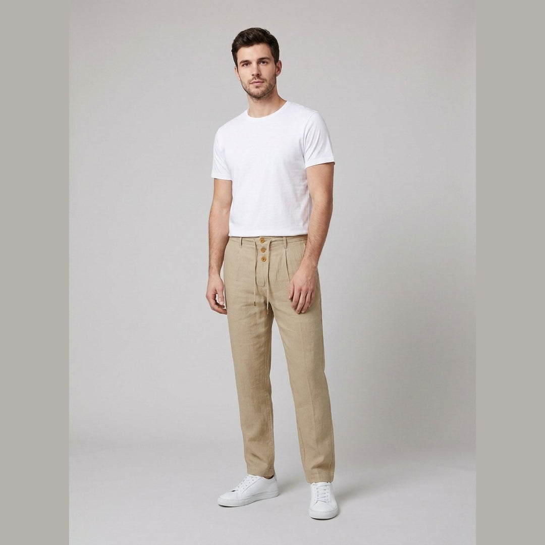 Heren Relaxed-Fit Linnen Broek Elastische Taille Koordsluiting - Khaki