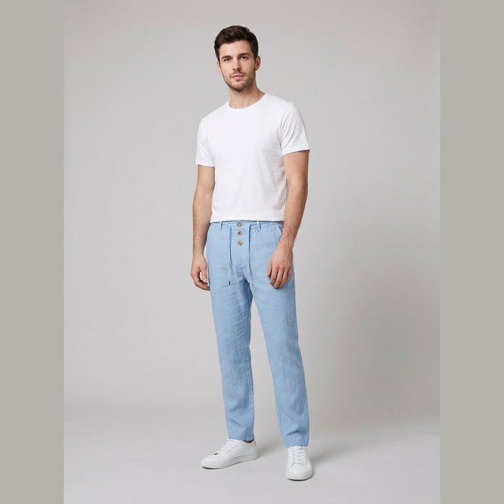Heren Relaxed-Fit Linnen Broek Elastische Taille Koordsluiting - Light Blue