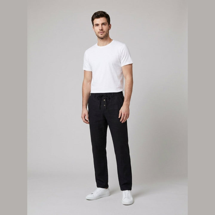 Heren Relaxed-Fit Linnen Broek Elastische Taille Koordsluiting - Black