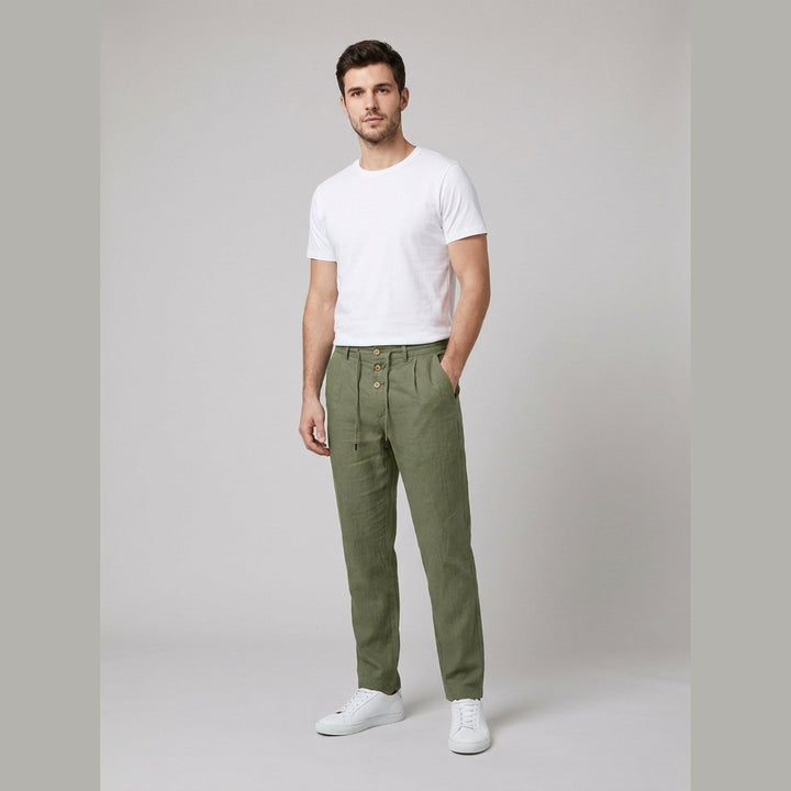 Heren Relaxed-Fit Linnen Broek Elastische Taille Koordsluiting - Army Green
