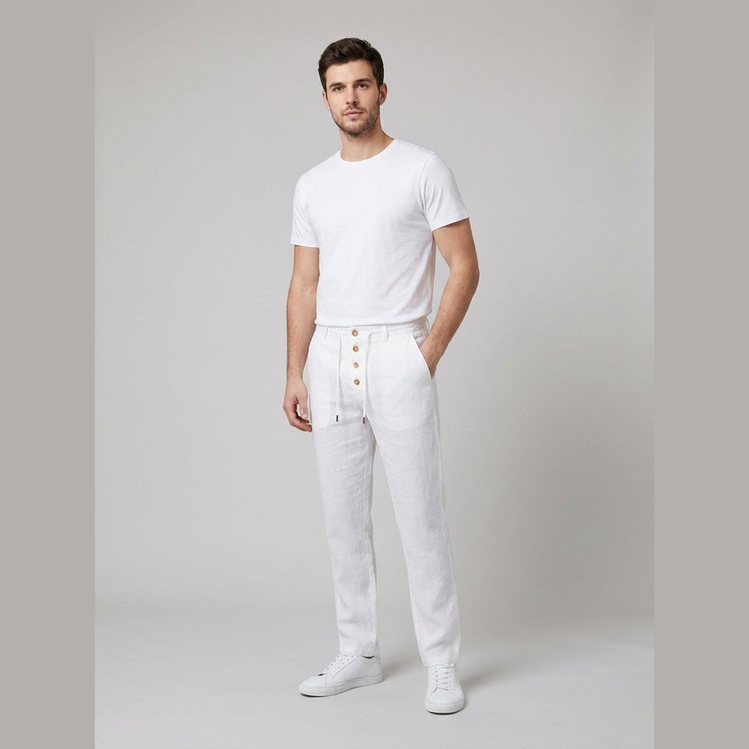 Heren Relaxed-Fit Linnen Broek Elastische Taille Koordsluiting - White