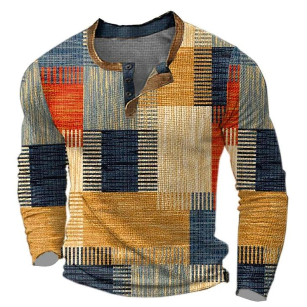 Heren Retro Geblokt Patroon Mens Knit Sweater Henley Pullover - Oranje