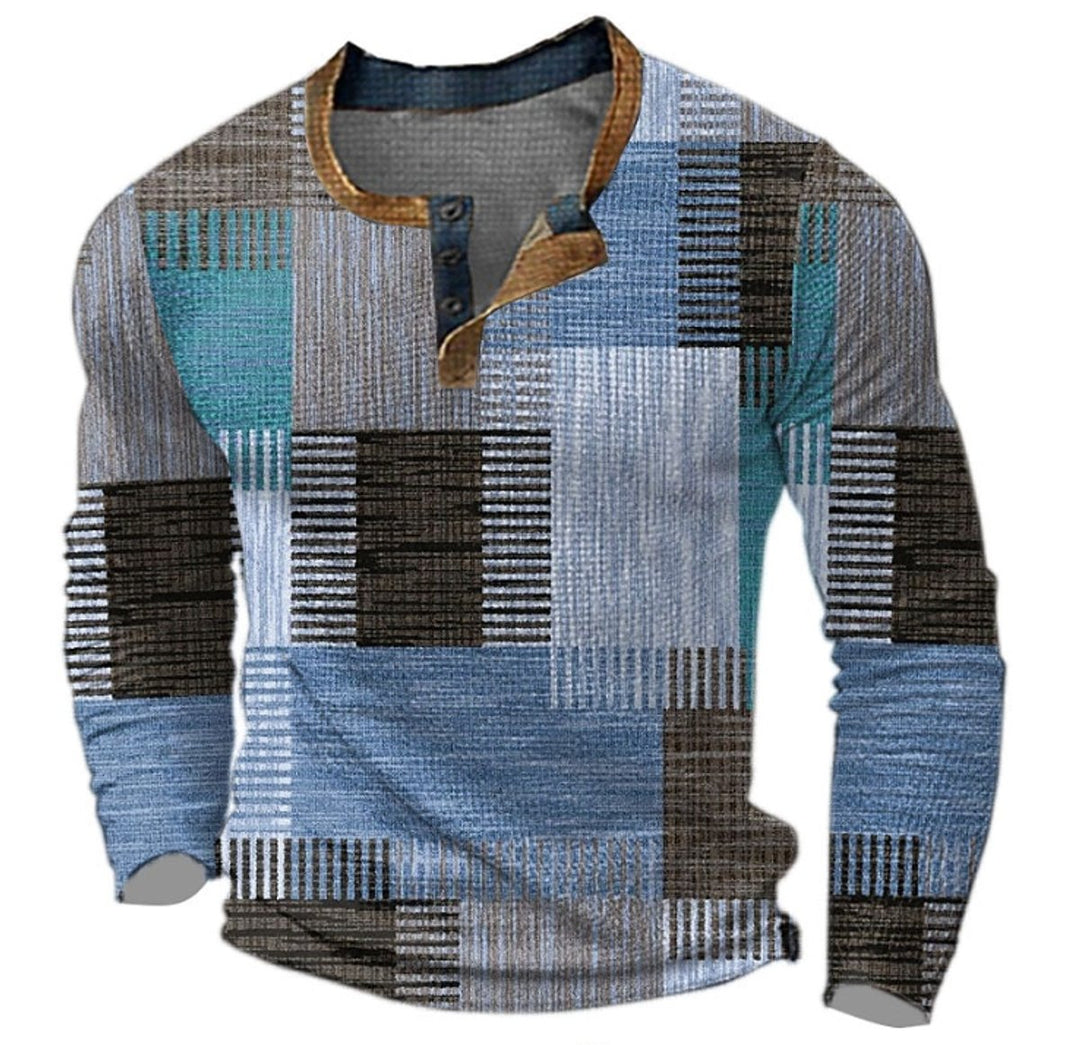 Heren Retro Geblokt Patroon Mens Knit Sweater Henley Pullover - Blauw
